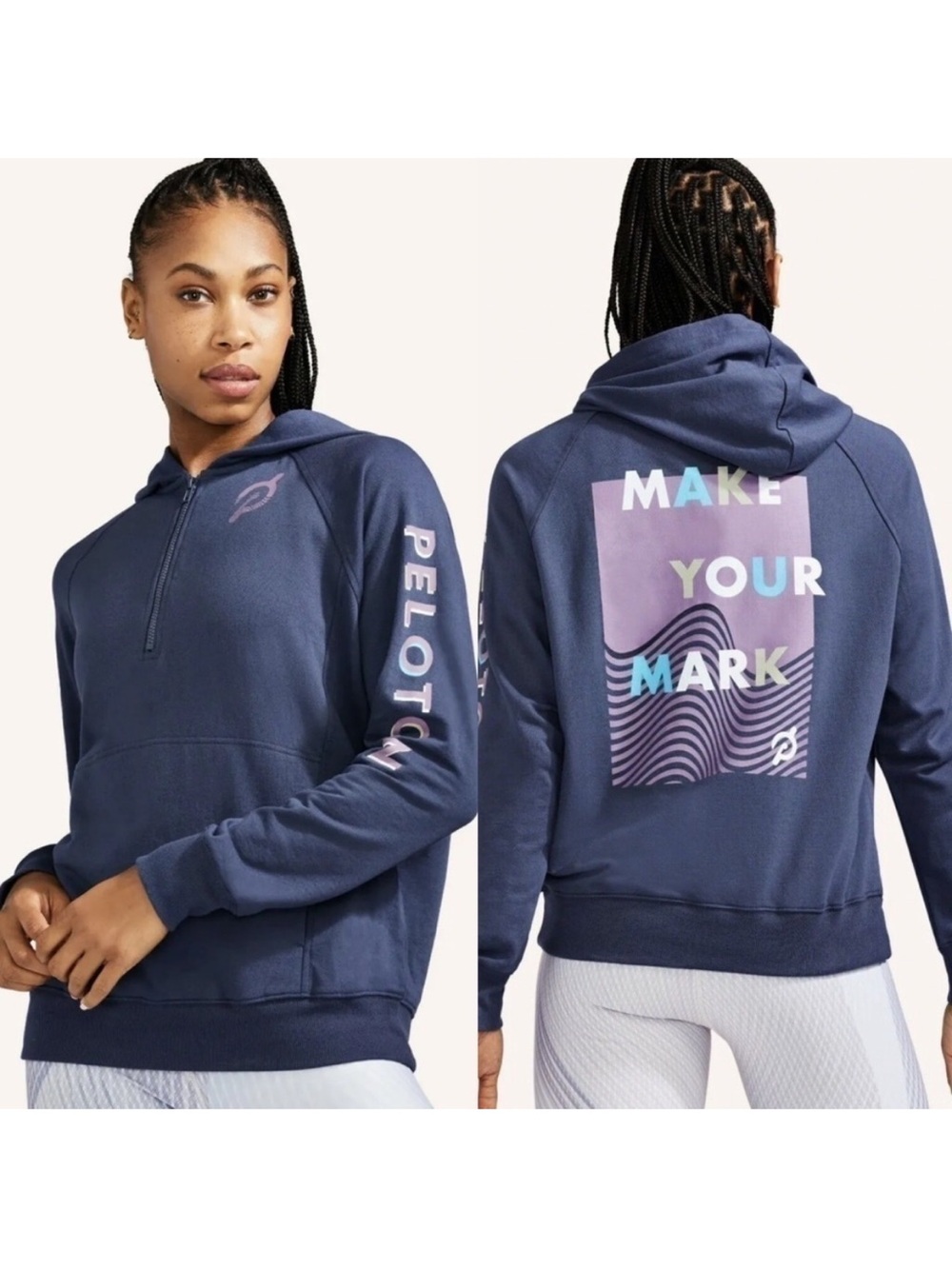 Peloton Recharge 1/4 Zip Hoodie Make Your Mark French Terry Navy Grey Size Small